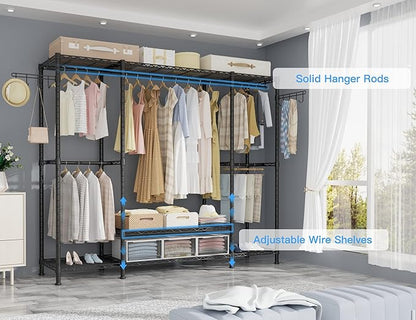 Ulif E3 Heavy Duty Garment Rack, 4 Tiers Freestanding Closet Organizer System with 5 Shelves, Metal Closet Organizer and Storage System for Clothes, Max Load 650lbs, 57.1"W x 14.5"D x 77.3"H, Black