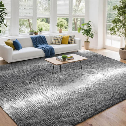 DweIke Luxury Fluffy Kids Rugs for Living Room Bedroom, 4x6 Feet Shaggy Grey and White Area Rug for Girls Boys, Upgrade Plush Non-Slip and Washable Colorful Fuzzy Carpet for Dorm Nursery Decor