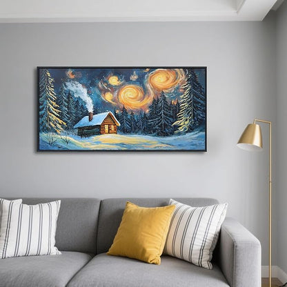 QZQCBLC Green Forest Wall Art, Farmhouse Hut Snow Scene Pictures Abstract Landscape Canvas Rustic Painting Artwork for Living room Bathroom Bedroom kitchen Home Office Decor 20x40 IN
