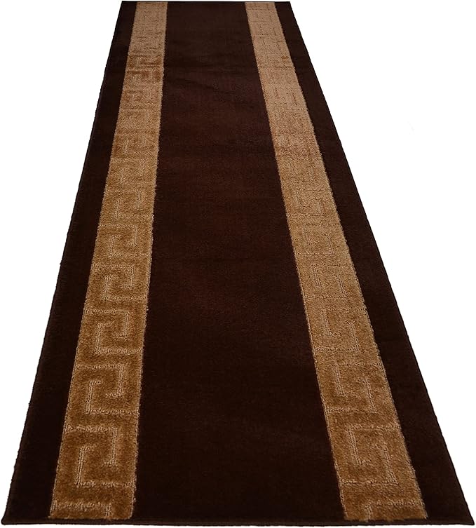 RugStylesOnline Washable Custom Size Runner Rug Meander Design Brown Beige, (10 Feet Length x 26 Inch Width) Custom Cut Slip Resistant Rubber Backing Runner Rugs, Extra Long Runner Rugs for Hallways
