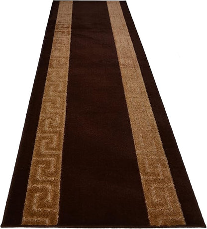 Washable Custom Size Runner Rug Meander Design Brown Beige, (9 Feet Length x 26 Inch Width) Custom Cut Slip Resistant Rubber Backing Runner Rugs, Extra Long Runner Rugs for Hallways