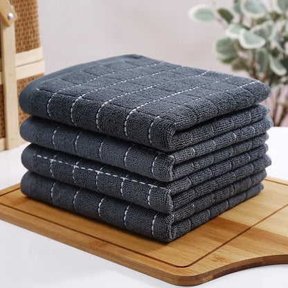 Homaxy 100% Cotton Terry Kitchen Towels(Dark Grey, 13 x 28 inches), Checkered Designed, Soft and Super Absorbent Dish Towels, 6 Pack