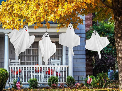 4PCS Hanging Ghosts Halloween Decorations With Skeleton Hands, Spooky & Cute Expression for Front Porch and Tree