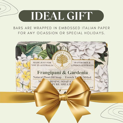 Wavertree & London Frangipani & Gardenia Scented Natural Soap Bar, 7oz Moisturizing French Triple Milled Soap Bar for Women & Men Enriched with Organic Shea Butter, Pure Bath & Body soap bar (1 Bar)