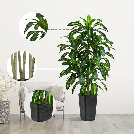 Artificial Dracaena Plant 6FT Tall - Fake Tree with Black Planter - Faux Yucca Tall Fake Floor Plant in Pot - Artificial Trees for Home Bedroom Office Indoor Living Room Decoration