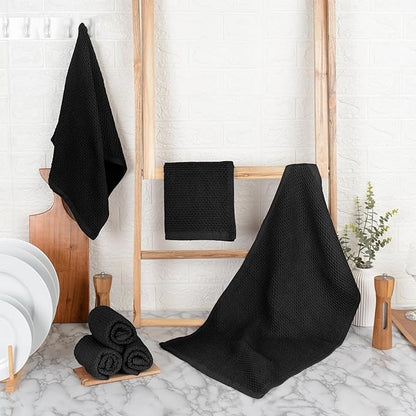 Premium Cotton Waffle Kitchen Towels - Pack of 8 (13x28), Ultra Soft, High GSM, Absorbent Dish Towels, Quick Dry Best for Dish Cloths, Hand Towels & Dish Rags - Black (Kitchen Essentials)
