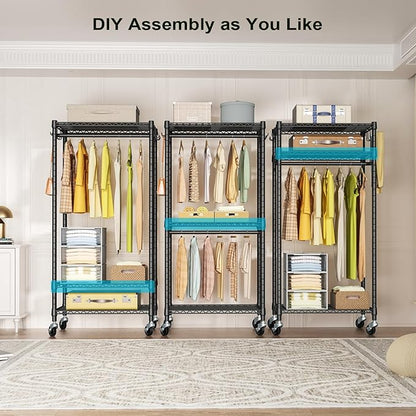 P3 Mini Rolling Clothes Rack, Clothing Racks for Hanging Clothes, Heavy Duty Garment Rack with Wheels, Freestanding Portable Closet Rack 23.6'' W x 14'' D x 78.5'' H, Max Load 430 Lbs, Black