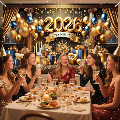 Nuxovilar Happy New Year Banner, 2026 Golden Chandeliers Backdrop for Party Decorations, 71x43 Inch
