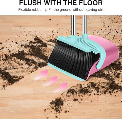 Broom and Dustpan Set, 52-in Long Adjustable Handle Broom Dustpan Combo with Dust pan Teeth to Automatically Clean Hair Suitable for Home Kitchen Office Hall Floor（Pink&Blue）