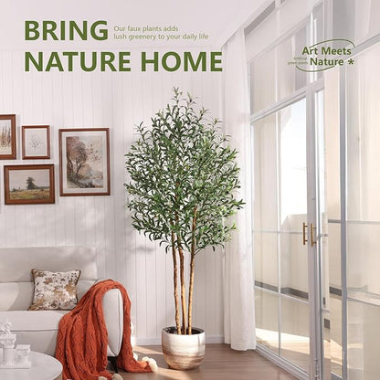 7FT Olive Tree Artificial Indoor Faux Plant - Tall Fake Silk Tree, Natural Trunk, Easy Maintenance Fake Tree Home Decor - Large Indoor Plant for Living Room, Office, Modern Home,VN356