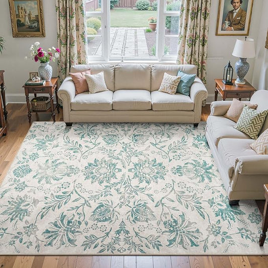 jinchan Floral 8x10 Area Rugs Vintage-Inspired Design Accent Living Room Rug Machine Washable Ultra-Thin Low-Pile Non-Slip Traditional Carpet for Bedroom Dining Room Home Office