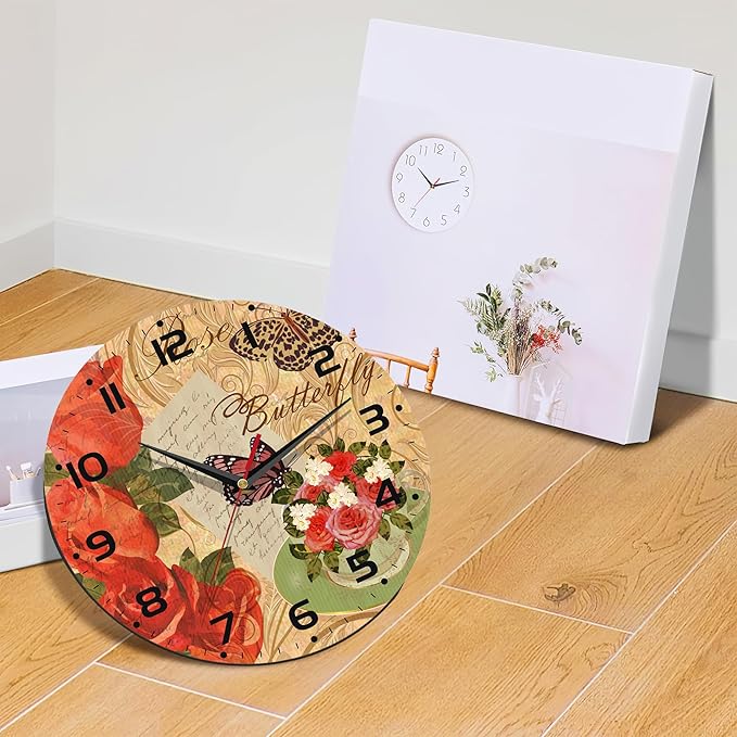 Vintage Rose and Butterfly Wall Clock, Contemporary Home Decor Easy to Read Wall Clock for Living Room, Bedroom, Bathroom and Kitchen, 10 Inch