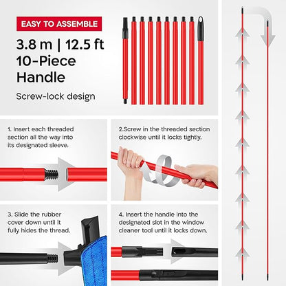 Tyroler Professional Window Squeegee for Home,1 ft-12.5 ft Long Squeegee for Window Cleaning, 2-in-1 Window Cleaning Squeegee Kit, Indoor & Outdoor Window Cleaner Tool for High Windows & Glass