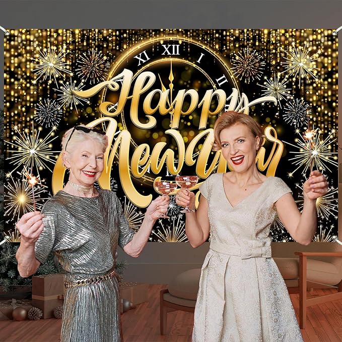Gold Happy New Year Banner Backdrop Gold Clock Fireworks 2026 Happy New Year Decorations Sparkling Backdrop for NYE Party 2026 Countdown Decor 5.9×3.6 Ft (Polyester)