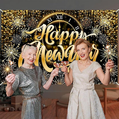 Gold Happy New Year Banner Backdrop Gold Clock Fireworks 2026 Happy New Year Decorations Sparkling Backdrop for NYE Party 2026 Countdown Decor 5.9×3.6 Ft (Polyester)