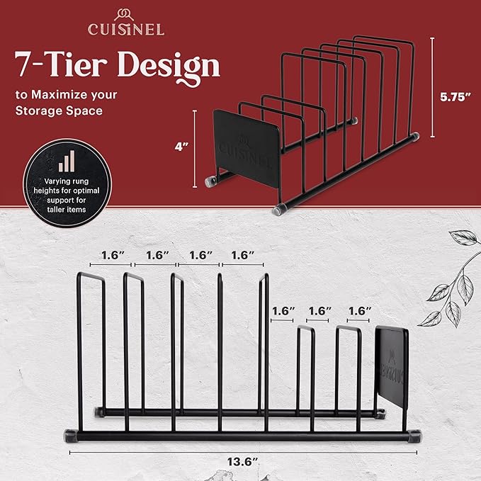 Cuisinel Pot Lid and Dish Organizer Rack - Matte Black Kitchen Storage/Organization Stand - 7-Tier Cabinet/Counter, Cookware, Pots and Pan Lids/Covers, Cutting Board Holder Organizer
