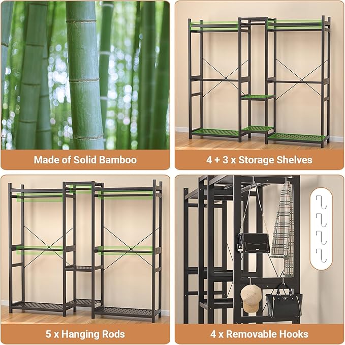 Homykic Bamboo Closet System, Large Clothing Rack for Hanging Clothes, Freestanding Clothes Rack with 7 Shelves & 5 Hanging Rods, Open Wardrobe Closet Organizer Garment Rack with 4 Hooks, Dark Black