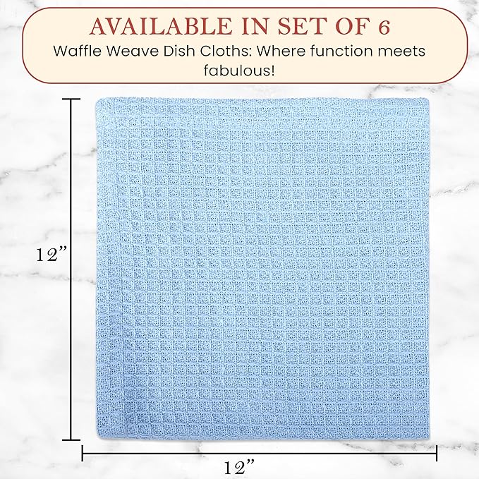 Vintage Vista 100% Cotton Waffle Dish Cloths (Pack of 6) - Dish Rags for Washing Dishes - Reusable & Highly Absorbent Kitchen Towels - Kitchen Rags for Christmas - (12" x 12" - Light Blue)