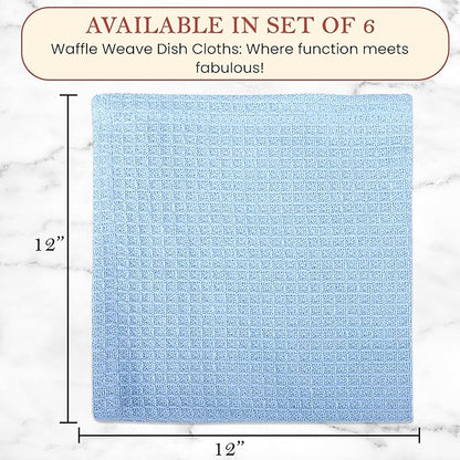 Vintage Vista 100% Cotton Waffle Dish Cloths (Pack of 6) - Dish Rags for Washing Dishes - Reusable & Highly Absorbent Kitchen Towels - Kitchen Rags for Christmas - (12" x 12" - Light Blue)
