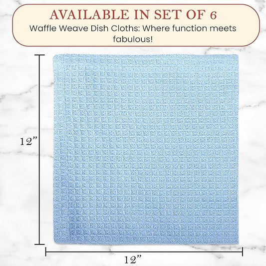 Vintage Vista 100% Cotton Waffle Dish Cloths (Pack of 6) - Dish Rags for Washing Dishes - Reusable & Highly Absorbent Kitchen Towels - Kitchen Rags for Christmas - (12" x 12" - Light Blue)