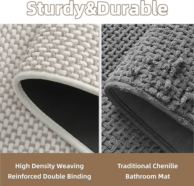 PADOOR-Bath Mat-Super Absorbent Chenille Bathroom Mats-Rubber Backed Bath Mats for Bathroom Non Slip, Easy Clean Bathroom Rugs Front of Bathtub,Shower Room,Sink-17×35, Beige&Cream