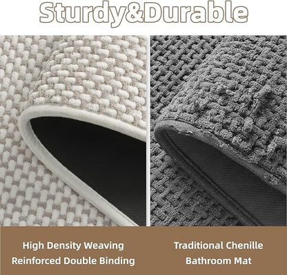 PADOOR-Bath Mat Runner-Super Absorbent Chenille Bathroom Mats-Rubber Backed Bath Mats for Bathroom Non Slip, Easy Clean Bathroom Runner Rugs Front of Bathtub,Shower Room,Sink-17×59, Beige&Cream