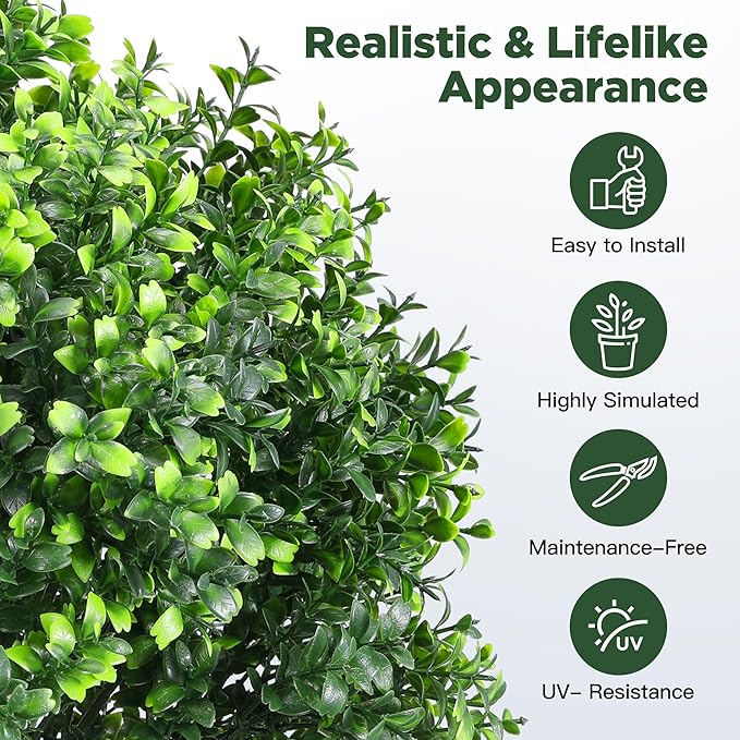 Artificial Boxwood Topiary Ball Tree 2 Pack, UV Resistant Artificial Shrub Bushes with Ground Spike, Fake Evergreen Artificial Plant Bushes for Front Porch, Garden, Indoor, Outdoor Planters