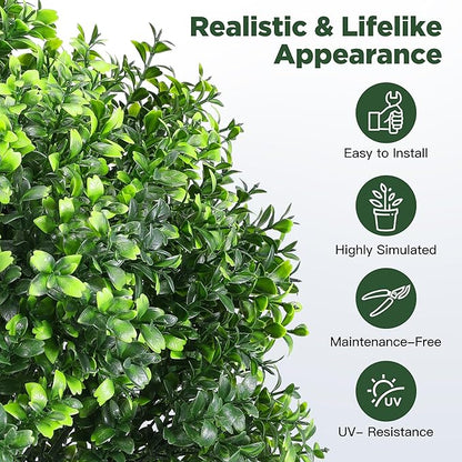 Artificial Boxwood Topiary Ball Tree 2 Pack, UV Resistant Artificial Shrub Bushes with Ground Spike, Fake Evergreen Artificial Plant Bushes for Front Porch, Garden, Indoor, Outdoor Planters