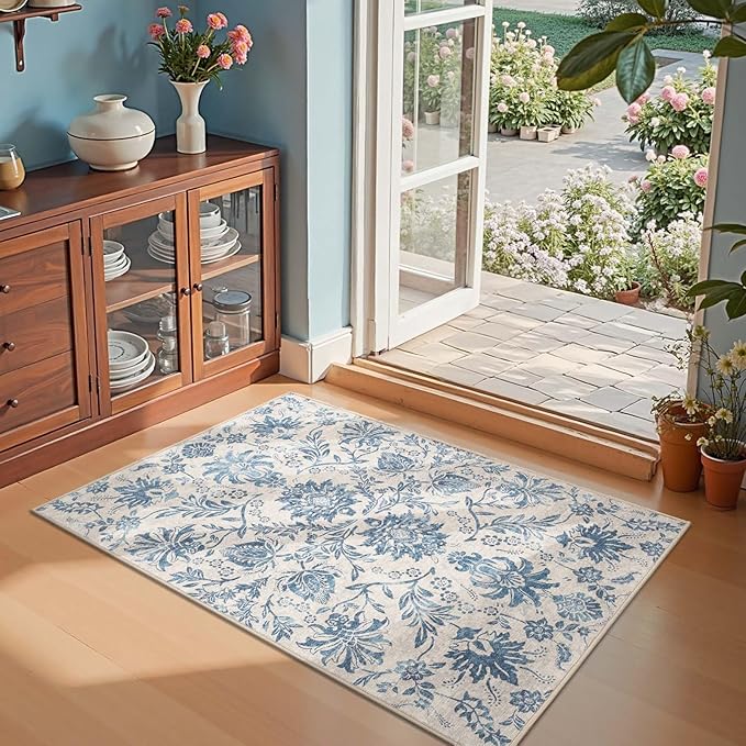 jinchan 3x5 Area Rugs for Entryway, Vintage-Inspired Floral Design Machine Washable Non-Slip Low-Pile Rug, Ultra-Thin Indoor Traditional Accent Carpet for Entrance Kitchen Bedroom Hallway, Dark Blue