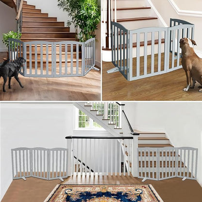 ZJSF Foldable Freestanding Indoor Dog Gate for House Wood Long Pet Gates Dog Fence for Stairs Puppy Gates for Hallways, Puppy Gate,Support Feet Included, Grey, 32 "Height-4 Panels