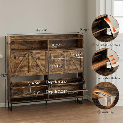 Shoe Cabinet with 4 Flip Drawers Narrow Shoe Storage Cabinet Organizer Wooden Freestanding Shoe Rack Hidden Slim Shoes Storage Cabinet for Entryway, Hallway, Living Room, Bedroom
