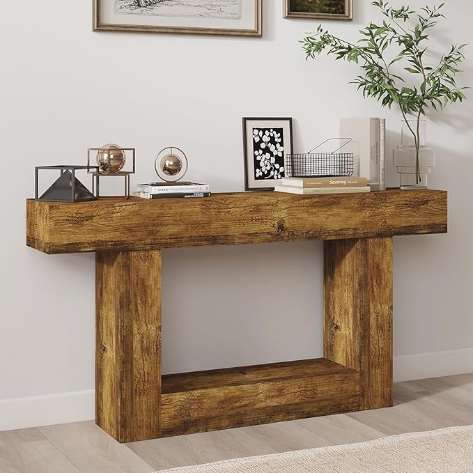 Vibe & Dine 63" Entryway Table, Farmhouse 2-Tier Console Table with U-Shaped Base, Narrow Long Wood Couch Table Behind Sofa for Living Room, Hallway, Foyer, Vintage Brown