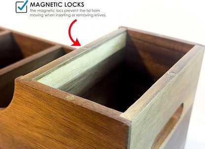 Kitchen Utensil Holder & Organizer with 6-Knife Storage Block - Wood - Countertop or Wall Mountable - Moisture & Water Resistant - Non-Slip Pads