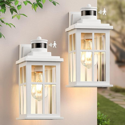 White Motion Sensor Light Outdoor, 2 Pack Dusk to Dawn Outside Lights for House, Anti-Rust Exterior Light Fixture, Waterproof Porch Light for House, Garage, Balcony, Weather Resistant
