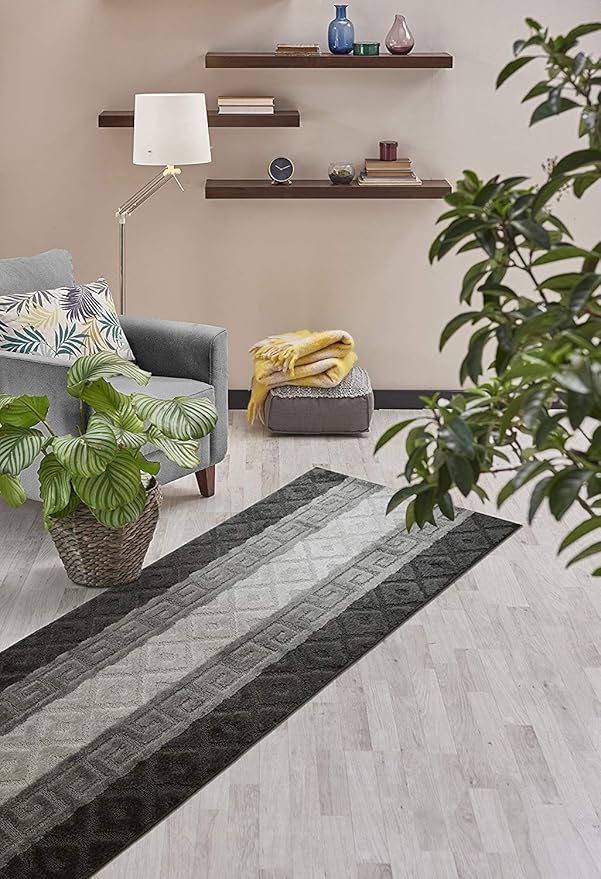 Custom Cut Hallway Runner Rug, Slip Resistant, 31 Inch Wide X Your Choice of Length, Meander Anthracite, 31 Inch X 22 feet