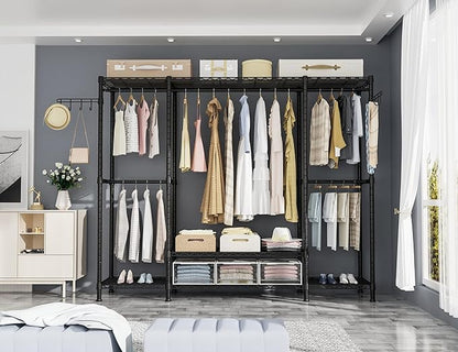 Ulif E3 Heavy Duty Garment Rack, 4 Tiers Freestanding Closet Organizer System with 5 Shelves, Metal Closet Organizer and Storage System for Clothes, Max Load 650lbs, 57.1"W x 14.5"D x 77.3"H, Black