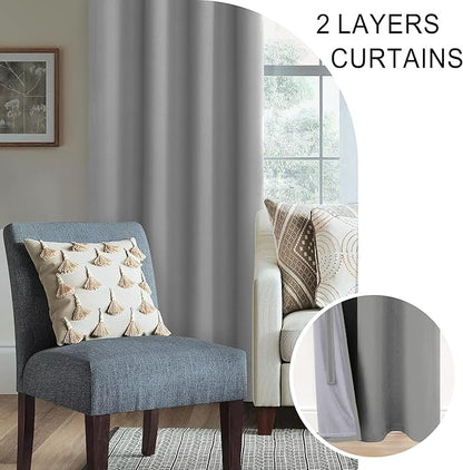 XWZO Full Shading Blackout Curtains with Tiebacks- Heat and Light Blocking Ring Top Window Drapes with Black Liner Backing for Bedroom/Kid's Room, Light Grey, W42 x L63, Set of 2 Panels