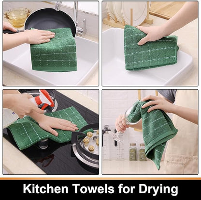 Mordimy 100% Cotton Terry Cloth Kitchen Towels, Super Soft and Absorbent Dish Towels for Drying, Checkered Designed Hand Towels for Kitchen, 16 x 26 Inches, 6 Pack, Grass Green