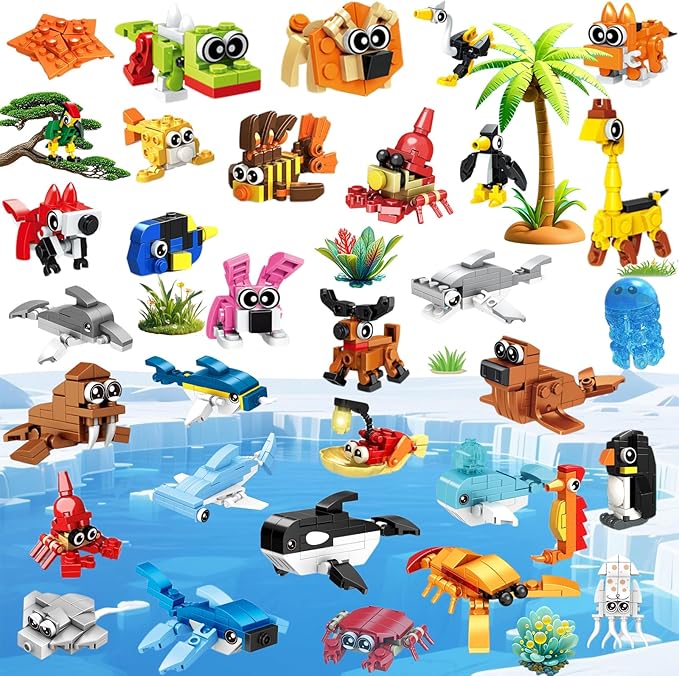 34 Packs Party Favors for Kids, Ocean Animal Building Blocks for Goodie Bags Stuffers Classroom Prizes, Valentines Day Birthday Gifts for Boys Girls Ages 6+