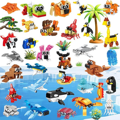 34 Packs Party Favors for Kids, Ocean Animal Building Blocks for Goodie Bags Stuffers Classroom Prizes, Valentines Day Birthday Gifts for Boys Girls Ages 6+