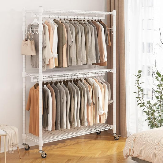 BATHWA Heavy Duty Garment Rack on Wheels, Rolling Clothes Racks for hanging clothes, Modern Closet Wardrobe Clothing Rack with 8 Side Hangers, White