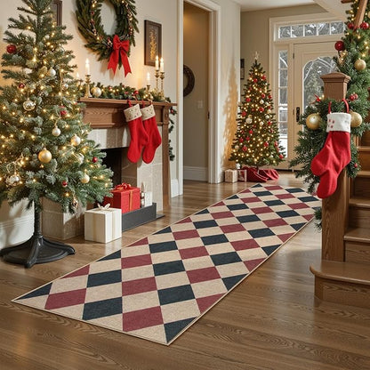Lahome Christmas Runner Rug, 2x8 Christmas Kitchen Decor Checkered Non Slip Entryway Runner Rug, Checkerboard Red and Black Indoor Outdoor Xmas Decorations for Hallway 8ft Entry Bathroom