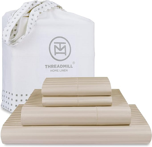 Threadmill 100% Cotton Sheets for Cal King Size Bed - 600 Thread Count Cal King Bed Sheets Set with 16” Deep Pocket - Damask Stripe Sateen Weave 4-Piece Bedding Set with Cooling Effect, Beige