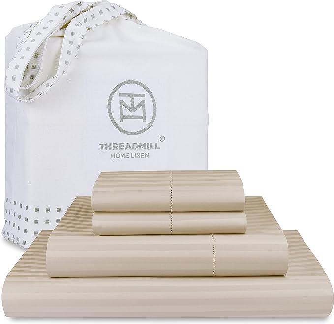 Threadmill 100% Cotton Sheets for Full Size Bed - 600 Thread Count Full Bed Sheets Set with 16” Deep Pocket - Damask Stripe Sateen Weave 4-Piece Bedding Set with Cooling Effect, Beige