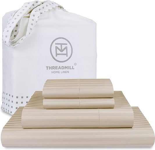 Threadmill 100% Cotton Sheets for Full Size Bed - 600 Thread Count Full Bed Sheets Set with 16” Deep Pocket - Damask Stripe Sateen Weave 4-Piece Bedding Set with Cooling Effect, Beige
