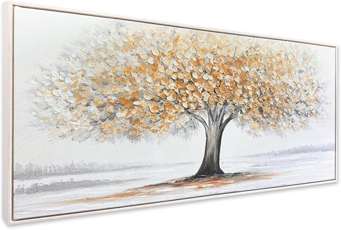 White Tree of Life Canvas Wall Art, Modern Abstract Textured Painting, Large Framed Panoramic Landscape Artwork for Living Room, Bedroom, Office, Home Decor 40"x20"
