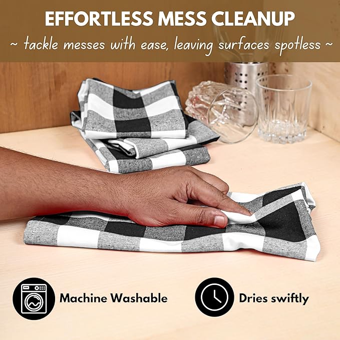 Native Fab 4-Pack Kitchen Towel with Hanging Loop 16x26 inches, Cotton Buffalo Check Kitchen Towels for Cleaning Drying, Washcloths Soft & Absorbent Cloth Rags, Bar Towel, Dish Cloth, Black