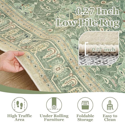 Sage Green Area Rug 5x7, Non Slip Washable Rugs for Living Room Bedroom Low Pile Thin Soft, Boho Floral Moroccan Pattern Printed Carpet Rug for Nursery Playroom Dining Room Home Office