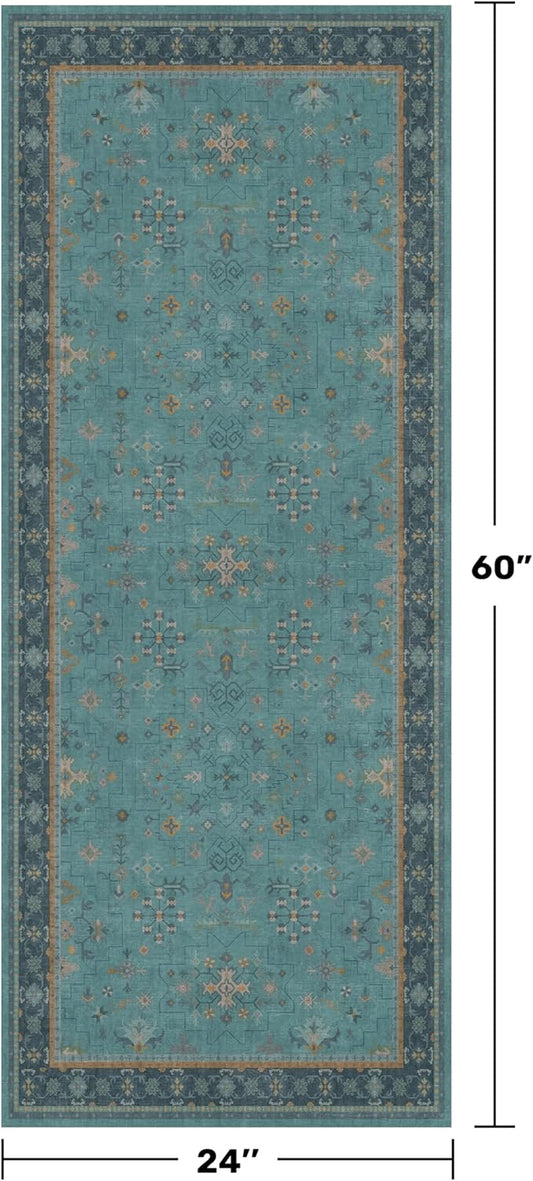Teal Boho 2x5 Non Slip Small Kitchen Rug Runner - Washable Low Pile & Soft Carpet for Bathroom, Bedroom Beside Bed, Non Skid Floral Vintage Rugs for Laundry Room, Entryway