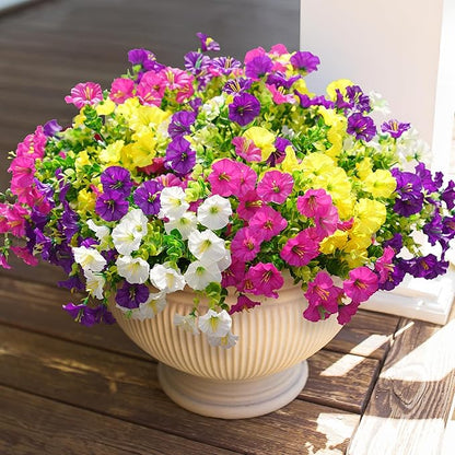 Artificial Flowers for Outdoors Fake Plants Outside Decoration, 12 Bundles Silk Colorful Morning Glory with Eucalyptus UV Resistant Realistic Faux Flowers for Planter Front Door Garden Yard